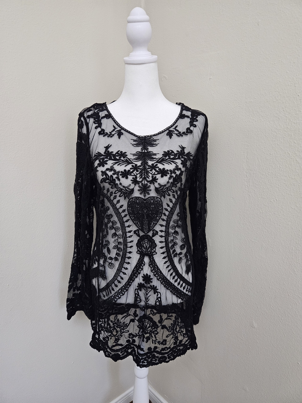 Black Sheer Embroidered Lace Blouse